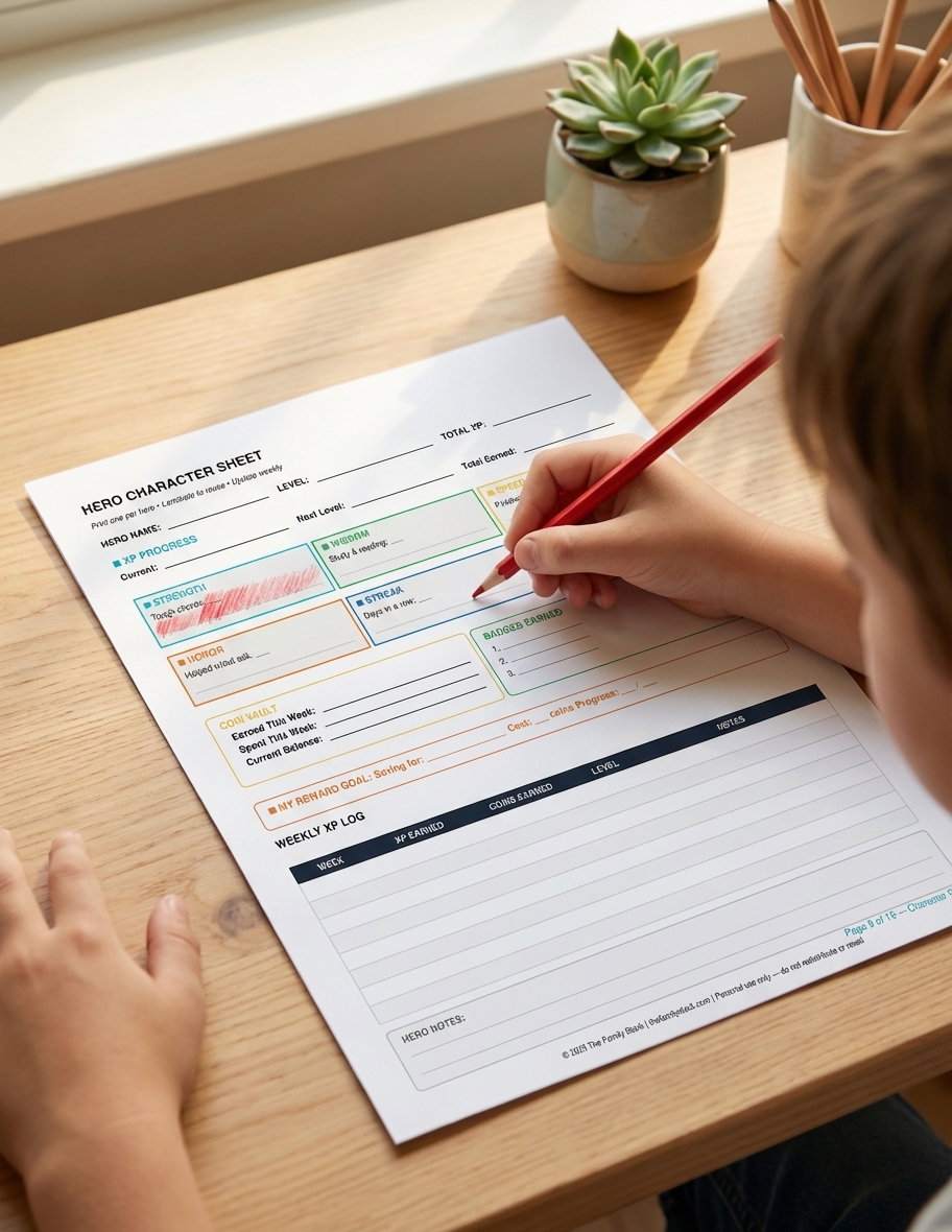 Hero Character Sheet — filled example with class, level tracker, and coin vault