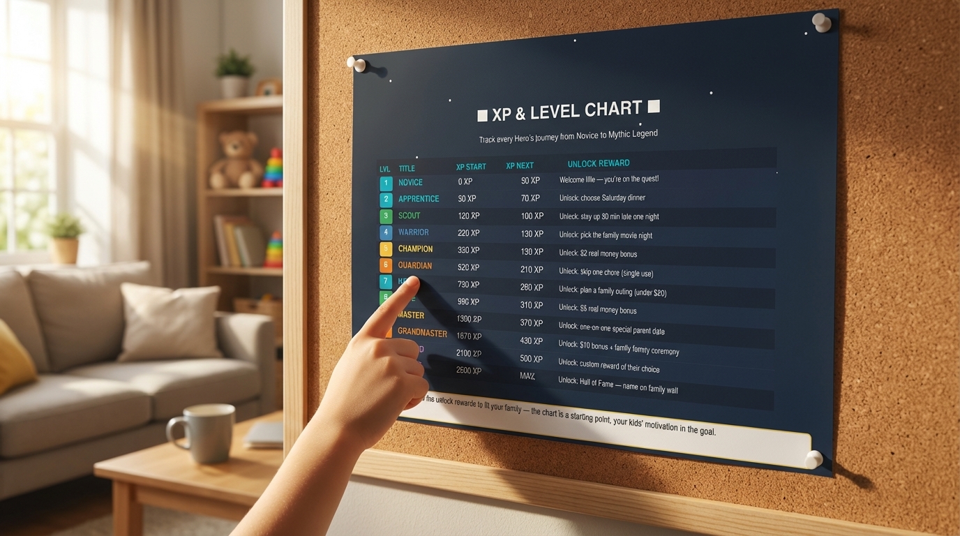 Level Chart — 12 levels from Novice to Mythic with reward unlocks