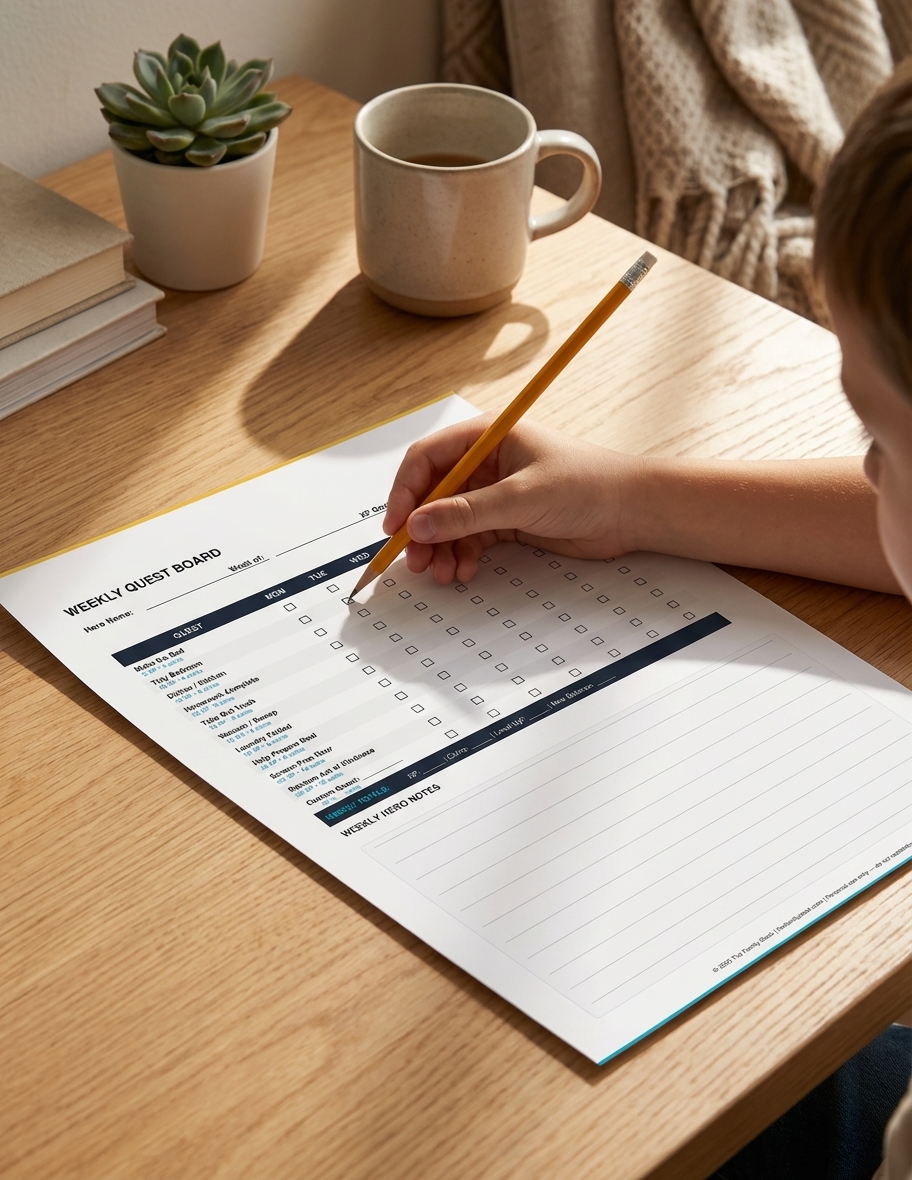 Weekly Quest Board — pre-filled with 12 quests and daily checkboxes